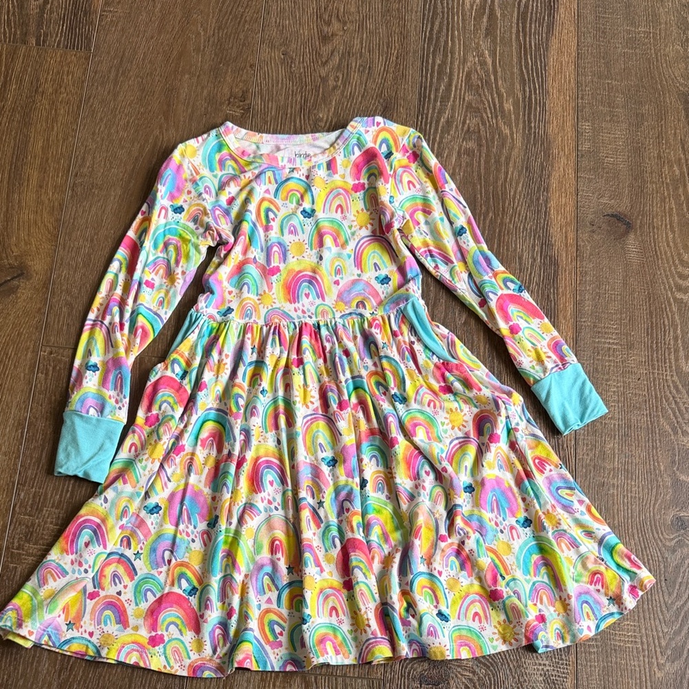 Kids Long-Sleeve Rainbow Print Dress with Turquoise Cuffs